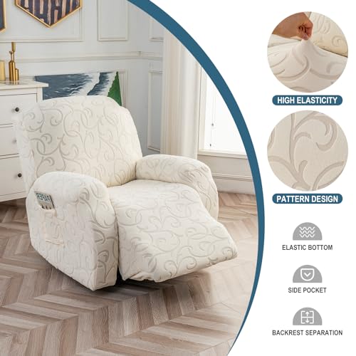YUEANG Recliner Loveseat Cover with Center Console, 2 Seater Jacquard Recliner Sofa Slipcover with Pockets Washable Stretch Reclining Couch Covers Furniture Protector with Elastic Straps (Beige) - Image 2