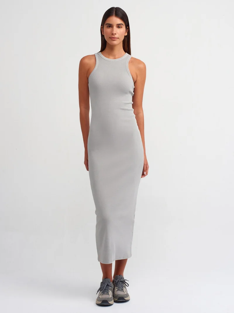 Dilvin 90805 Wash Effect Midi Dress-Light Gray