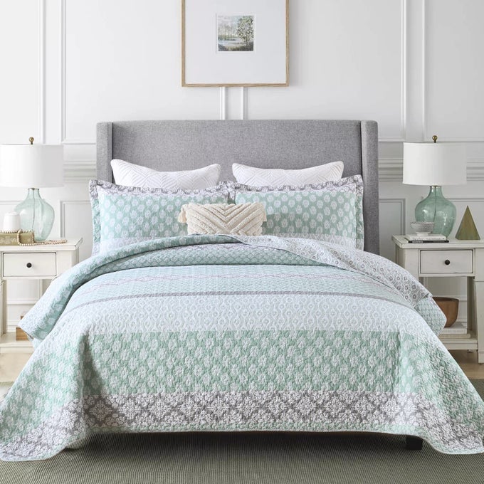 FLORAL QUILT KING SIZE 100 COTTON REVERSIBLE KING QUILT WITH 2 PILLOW SHAMS FARMHOUSE SOFT BEDSPREADS LIGHTWEIGHT STRIPE QUILTS BEDDING SET GREENGREY