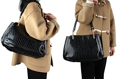Monique Women Large Alligator Pattern Faux Leather Top-handle Bag Evening Party Handbag Travel Tote - Image 4