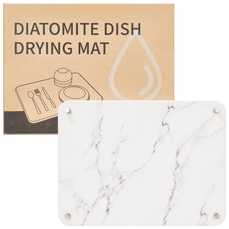 Amviner Stone Dish Drying Mat for Kitchen Counter Quick Drying Diatomaceous Earth Dish Drying Mat with 4 Metal Brackets for Kitchen Sink Size 157 x 118 Inches White Marble Style