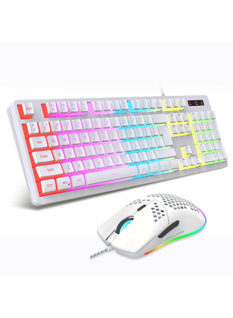 Rock Pow Wired Gaming Keyboard Mouse Combo,RGB Gaming Mice Ergonomic Ultralight 8000DPI Optical Sensor,104 Keys RGB Backlit Gaming Keyboard,Mechanical Feel Anti-ghosting Keyboard Mice for PC Gamer White - Image 1