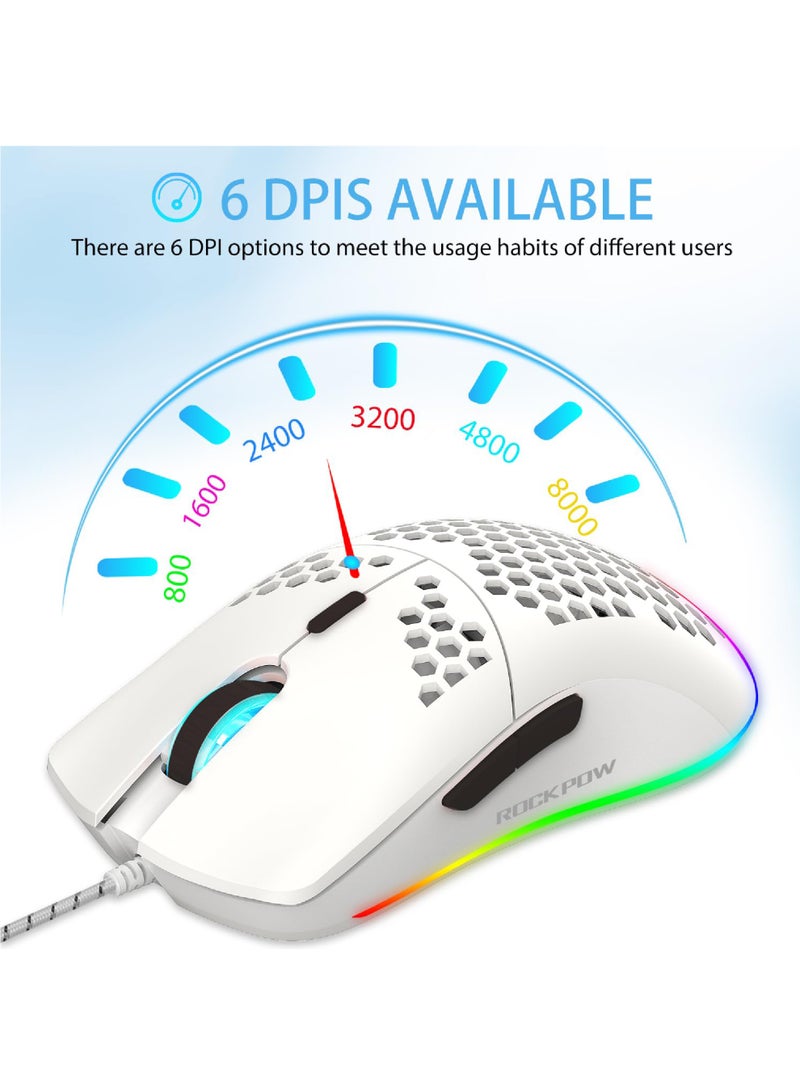 Rock Pow Wired Gaming Keyboard Mouse Combo,RGB Gaming Mice Ergonomic Ultralight 8000DPI Optical Sensor,104 Keys RGB Backlit Gaming Keyboard,Mechanical Feel Anti-ghosting Keyboard Mice for PC Gamer White - Image 2