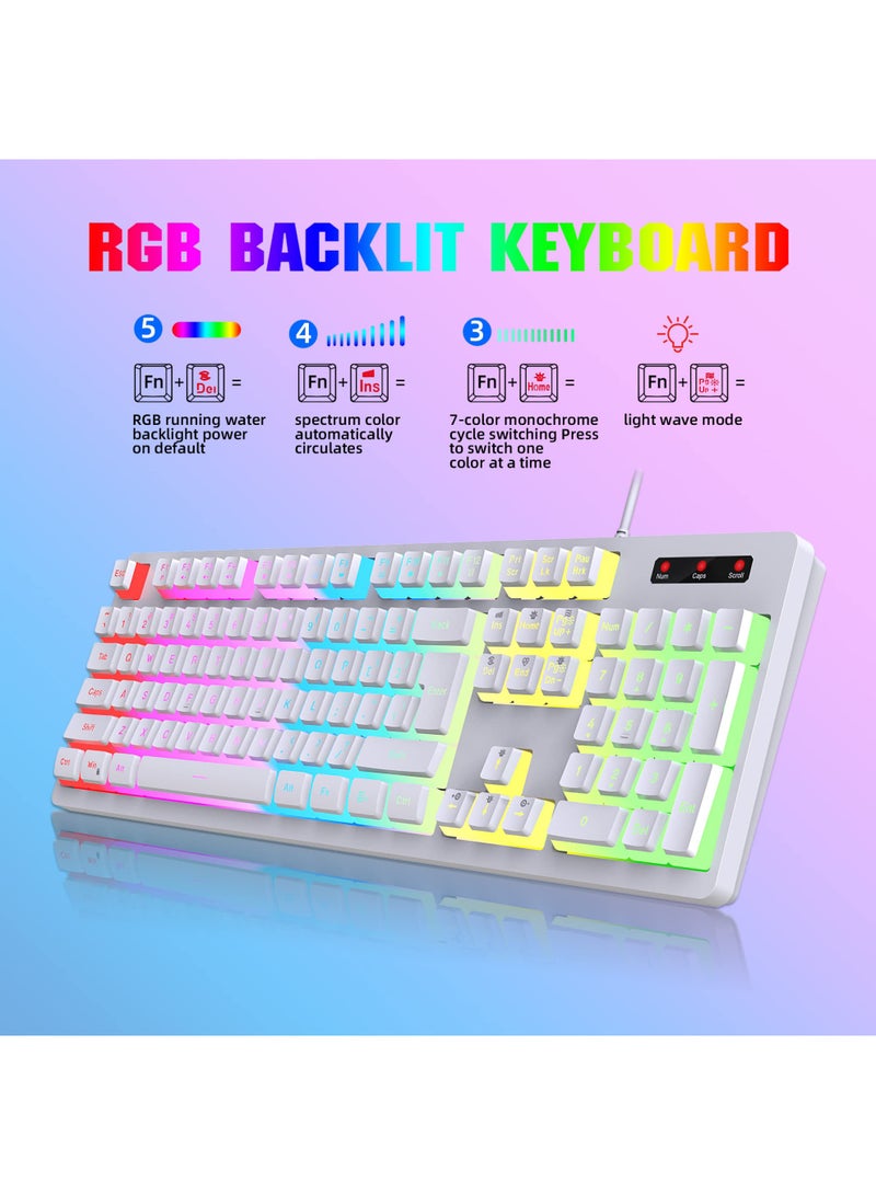 Rock Pow Wired Gaming Keyboard Mouse Combo,RGB Gaming Mice Ergonomic Ultralight 8000DPI Optical Sensor,104 Keys RGB Backlit Gaming Keyboard,Mechanical Feel Anti-ghosting Keyboard Mice for PC Gamer White - Image 3