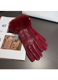 Generic Ladies Touchscreen Leather Gloves Rhinestone Rabbit Fur Cuff S016 wine red 