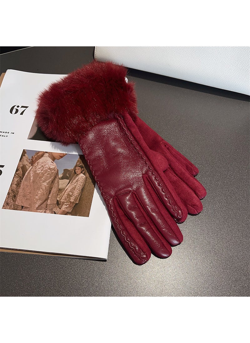 Generic Ladies Touchscreen Leather Gloves Rhinestone Rabbit Fur Cuff S016 wine red 