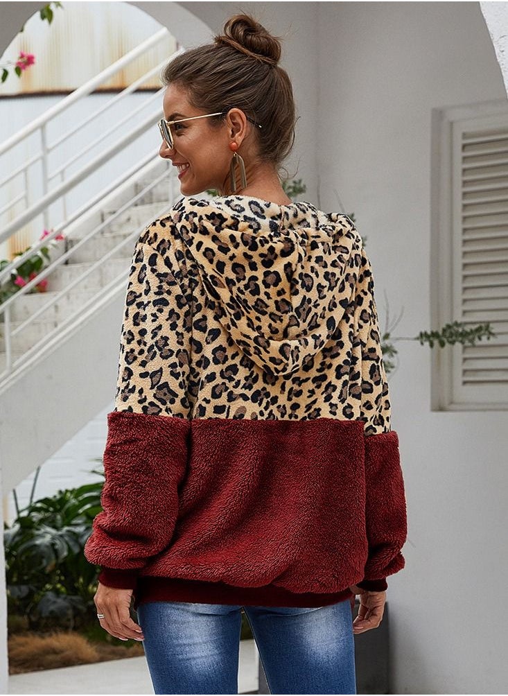 Loquat - Loose Leopard Print Patchwork Hoodie - Image 1