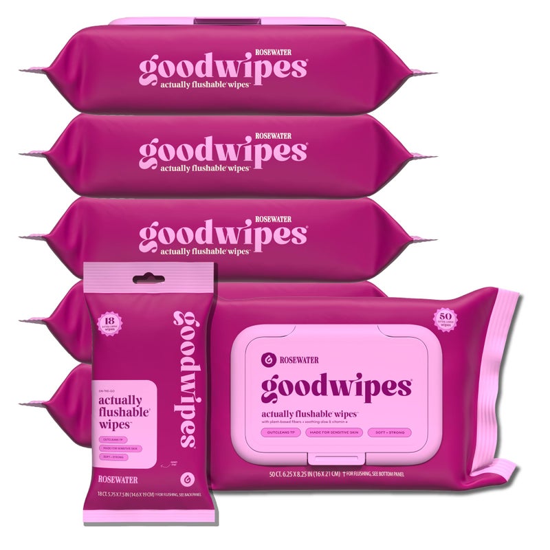 Goodwipes Flushable Butt Wipes - Vitamin E & Aloe - Sewer & Septic Safe - Extra Large Adult Wet Wipes For Women & Men - Bathroom Essentials - Rosewater  318 Count (6 Packs + 1 Travel) - Image 1