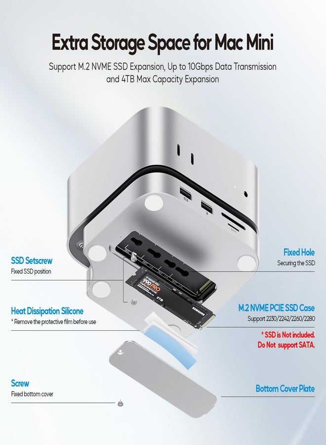 PULWTOP Mac mini M4 Dock with 4TB M.2 SSD Enclosure (SSD NOT Included), Mac mini M4/ M4 Pro Hub Stand with HDMI 4K 60Hz, 2024 MacMini USB C Hub Accessories, 3 USB A 2.0, SD/TF Card, Audio (Silver-1) - Image 5