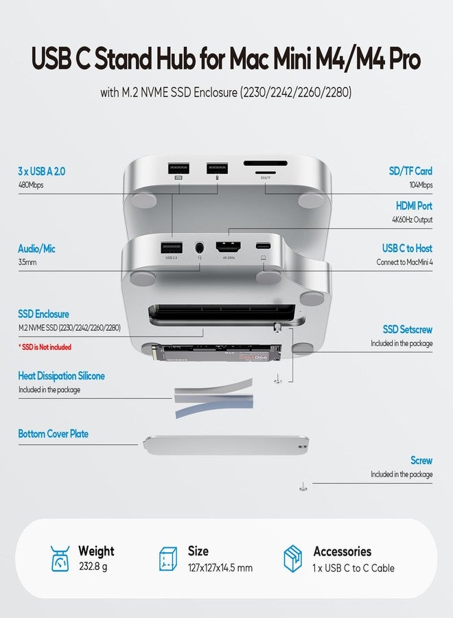 PULWTOP Mac mini M4 Dock with 4TB M.2 SSD Enclosure (SSD NOT Included), Mac mini M4/ M4 Pro Hub Stand with HDMI 4K 60Hz, 2024 MacMini USB C Hub Accessories, 3 USB A 2.0, SD/TF Card, Audio (Silver-1) - Image 4