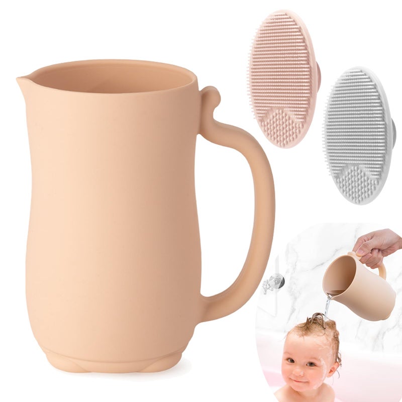 PandaEar Baby Bath Rinse Cup, Silicone Baby Shampoo Rinser with 2 Pack Cradle Cap Brush for Kids Toddler Body Washing (Pink) - Image 1