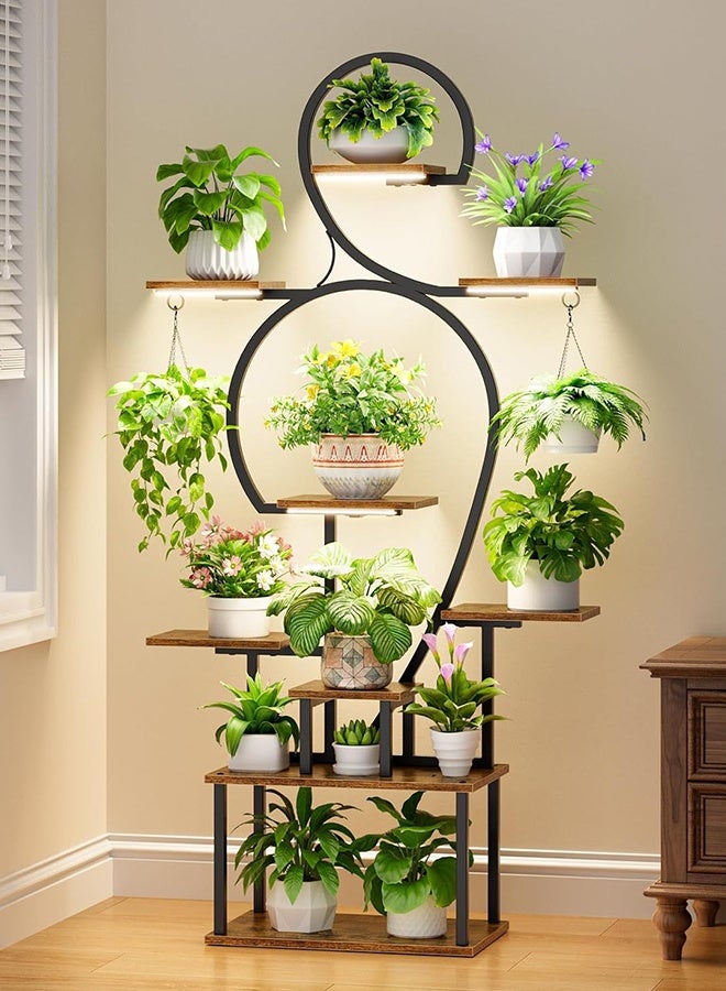 Forthcan Multi-Tier Indoor Plant Stand with LED Grow Lights, Metal & Wood Display Shelf, Corner Flower Rack for Houseplants/Herbs - Image 1
