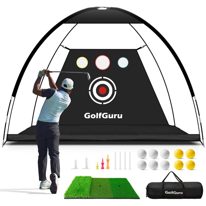 golfguru شبكة جولفجورو، 10x7 قدم، شبكة تدريب جولف شاملة مع سجادة جولف XL ثلاثية العشب، هدف تأثير، 10 كرة جولف، 7 تي جولف، 2 تي جولف مطاطي، حقيبة حمل، شبكة جولف للقيادة والتشذيب في الفناء الخلفي، داخلي - Image 1