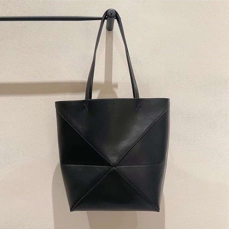 Genuine Leather Geometric Tote Shoulder Bag Black-Medium (puzzle folding bag) 