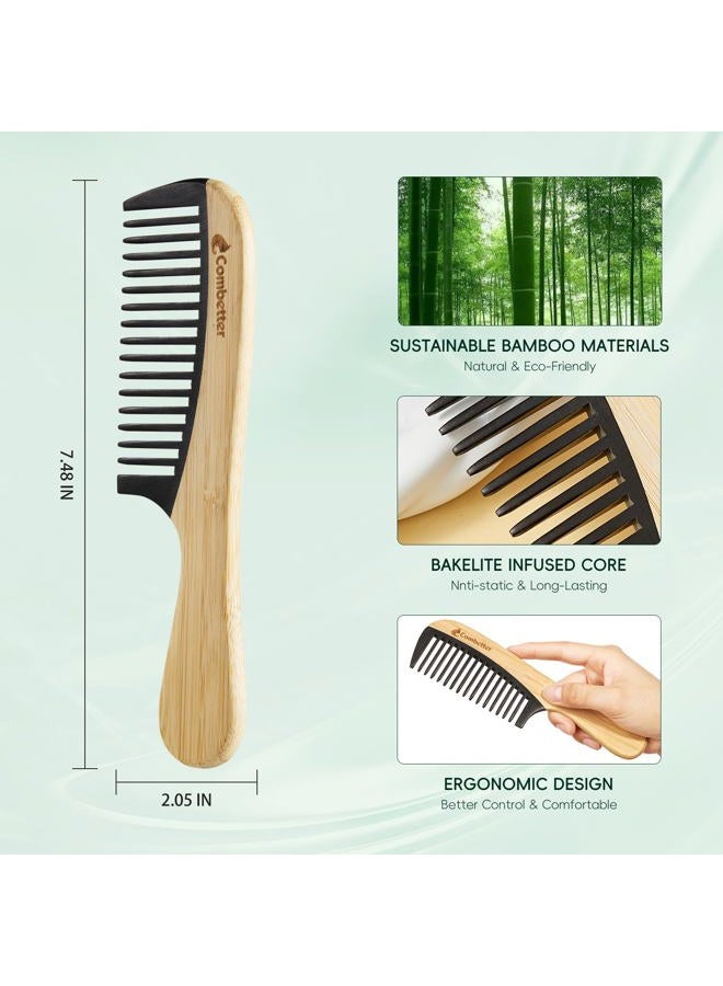 Combetter Bamboo Detangling Comb, Anti Static Comb for Curly, Thick, Think Hair & Beard, Eco-Friendly Durable Bakelite Infused Hair Comb for Women,Men (Wide Tooth with Handle) - Image 2