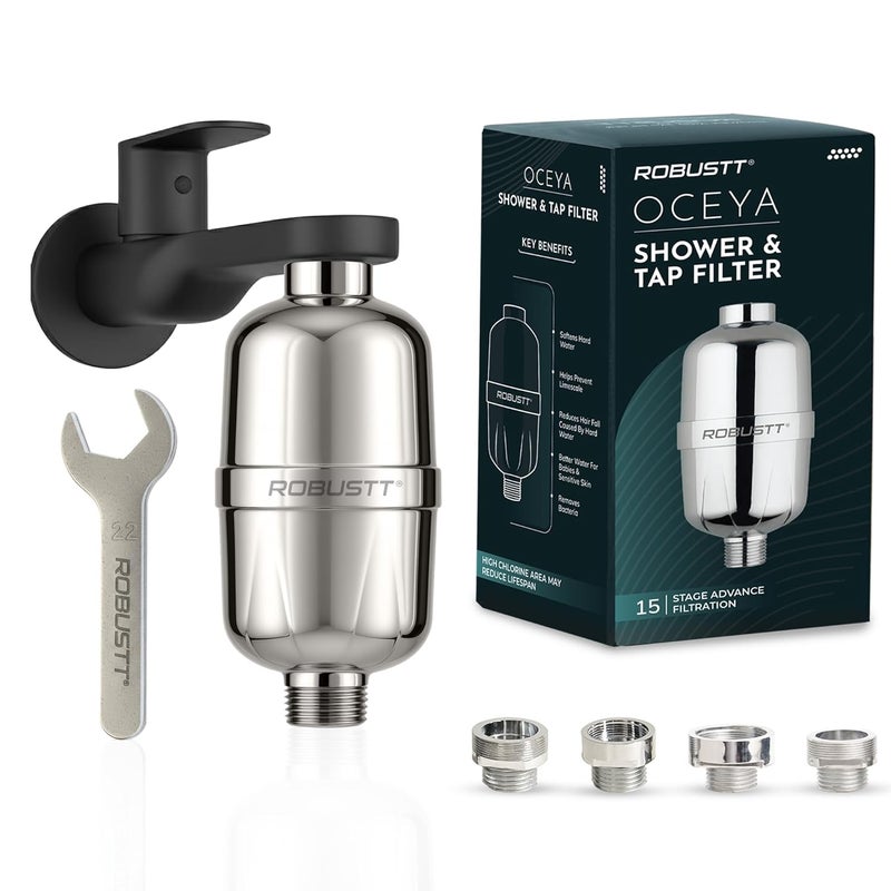 ROBUSTT Oceya 15 Stage Hard Water Softener For Tap & Shower (Silver) | Reduces Hair Fall, Skin Dryness & Limescale | Water Purifier Filter For Tap, Shower & Handshower| Includes Kit & Manual - Image 1