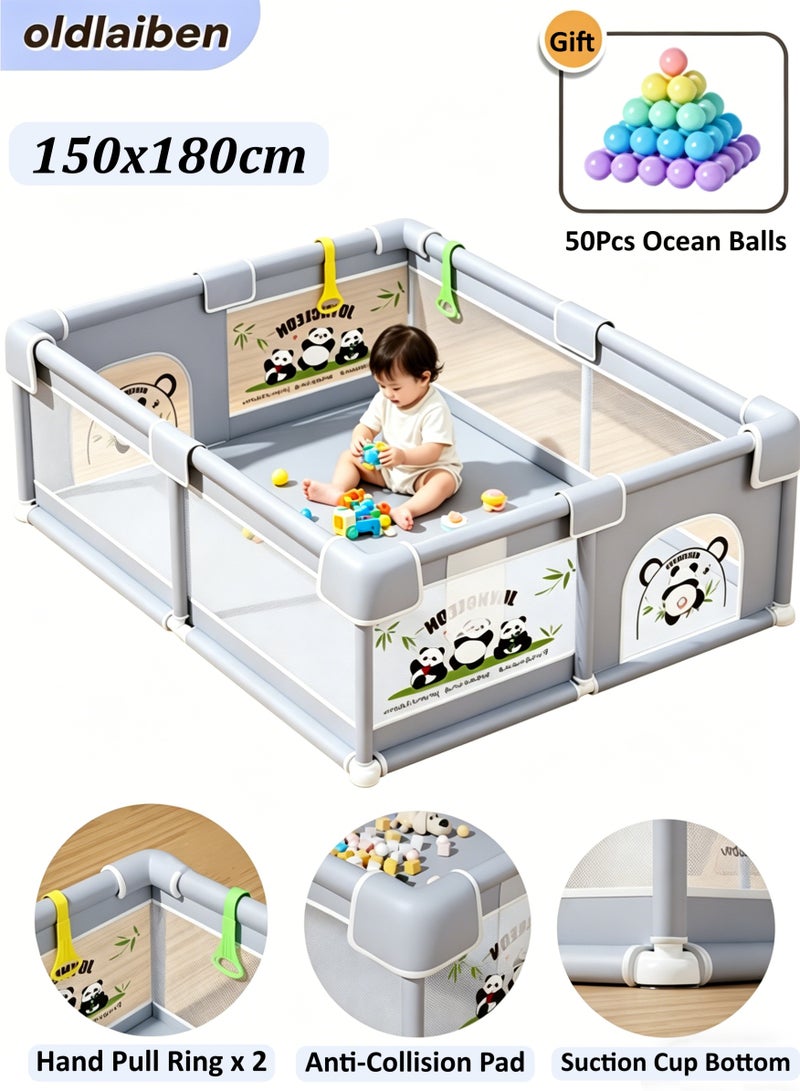 oldlaiben Baby Playpen, 150x180cm Foldable Baby Gate Playpen Baby Active Center Game Fence Indoor Crawling Safety Fence Baby Playard, Breathable Mesh, with 50Pcs Ocean Balls, 2 Hand Pull Ring (Grey) - Image 1