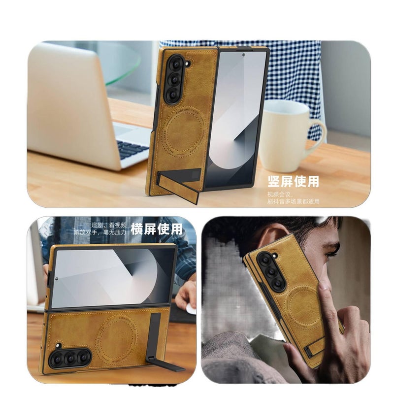 MagSafe Case Leather Scratch Resistant Protective Texture for Samsung Galaxy Z Fold 6 with Kickstand in Titanium Grey - Image 5