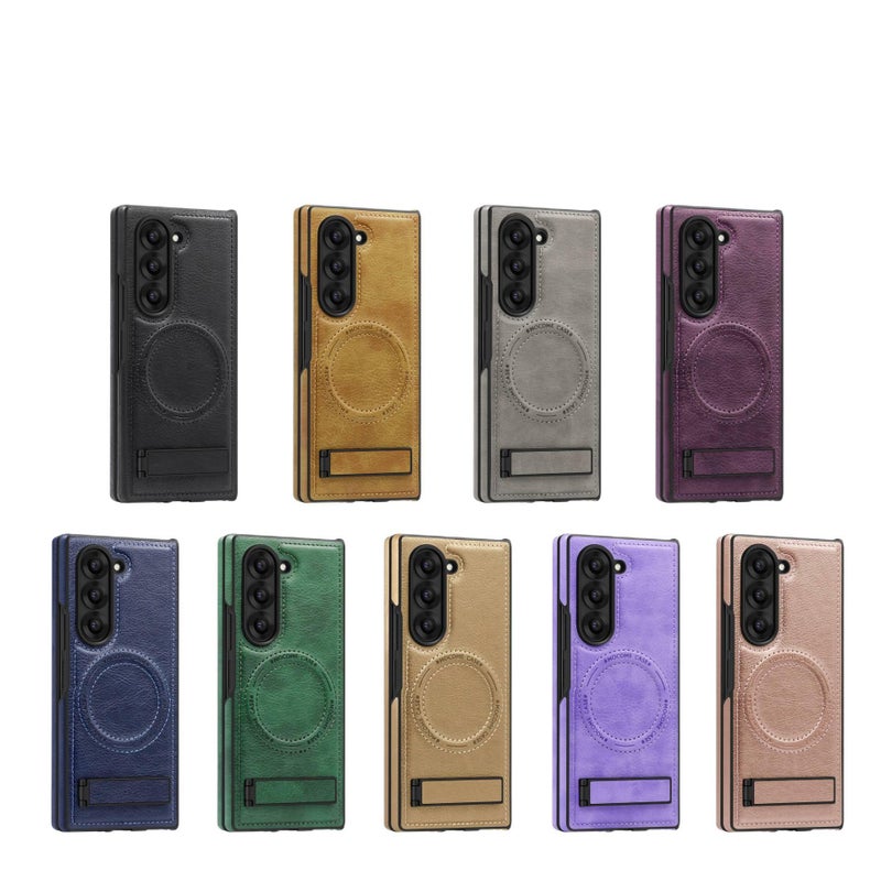 MagSafe Case Leather Scratch Resistant Protective Texture for Samsung Galaxy Z Fold 6 with Kickstand in Titanium Grey - Image 3