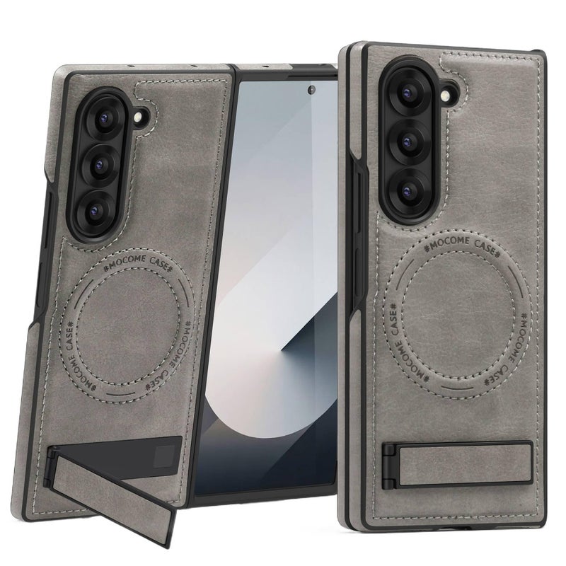 MagSafe Case Leather Scratch Resistant Protective Texture for Samsung Galaxy Z Fold 6 with Kickstand in Titanium Grey - Image 1