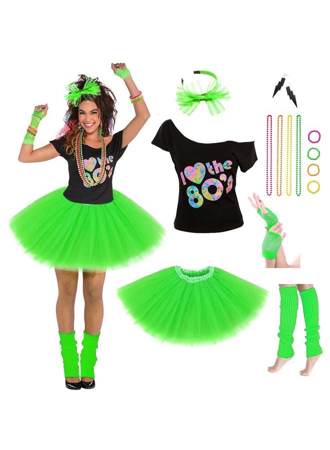 Leadtex Women's 80's Costumes with Accessories Set Green Tutu Skirt Earrings Necklace Bracelets Fishnet Gloves Legwarmers Headband Medium(6-8) - Image 1