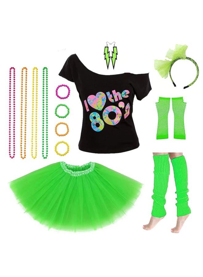 Leadtex Women's 80's Costumes with Accessories Set Green Tutu Skirt Earrings Necklace Bracelets Fishnet Gloves Legwarmers Headband Medium(6-8) - Image 2