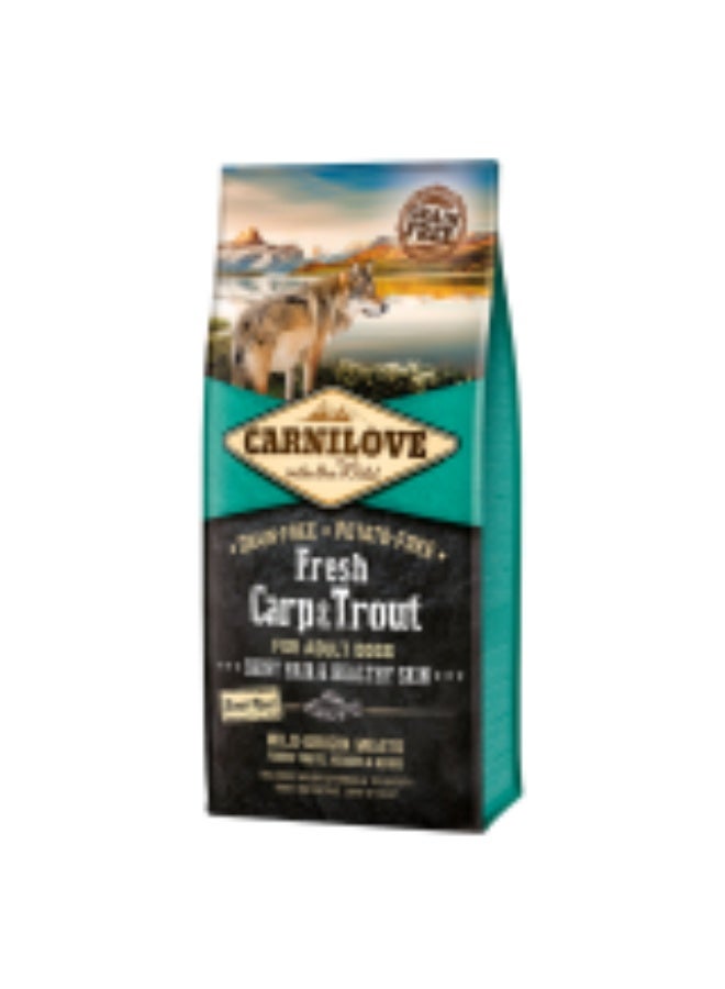 Carnilove Fresh Carp & Trout Adult Dog Food 12kg Grain Free Potato Free Fish Recipe with Fresh Carp Trout & Salmon High Protein Complete Nutrition with Omega 3 EPA DHA for Skin Coat and Joint Health for Adult Dogs of All Breeds - Image 1