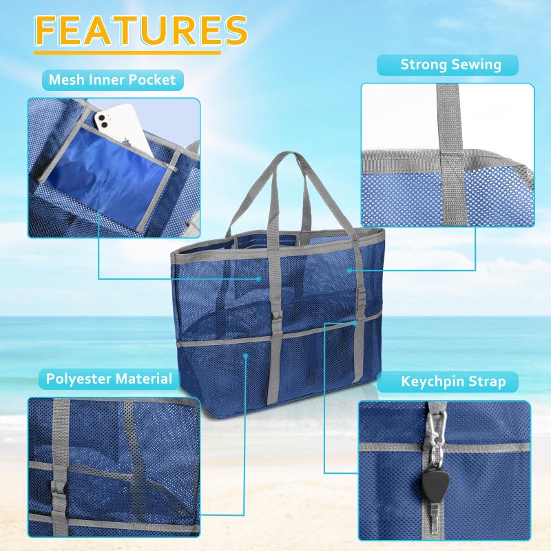SRISE Mesh Beach Bag - Large Tote Bag for Family, Toys & Vacation Essentials - Blue - Image 3