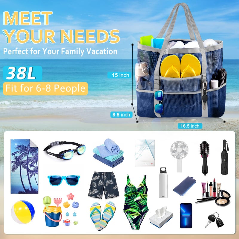 SRISE Mesh Beach Bag - Large Tote Bag for Family, Toys & Vacation Essentials - Blue - Image 2