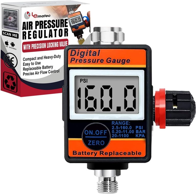 LE LEMATEC Digital Air Pressure Regulator with Locking Valve for Air Slip Prevention, 1/4 NPT Inline Airflow Regulator Up to 160 PSI for Air Compressor, HVLP Spray Paint Gun & Pneumatic Tools (DAR03B) - Image 1