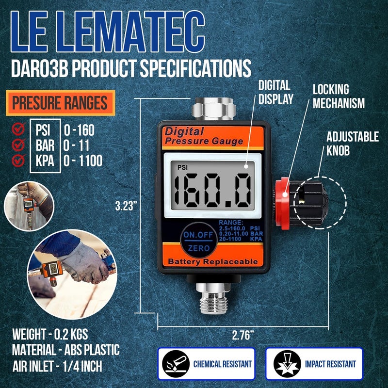 LE LEMATEC Digital Air Pressure Regulator with Locking Valve for Air Slip Prevention, 1/4 NPT Inline Airflow Regulator Up to 160 PSI for Air Compressor, HVLP Spray Paint Gun & Pneumatic Tools (DAR03B) - Image 4