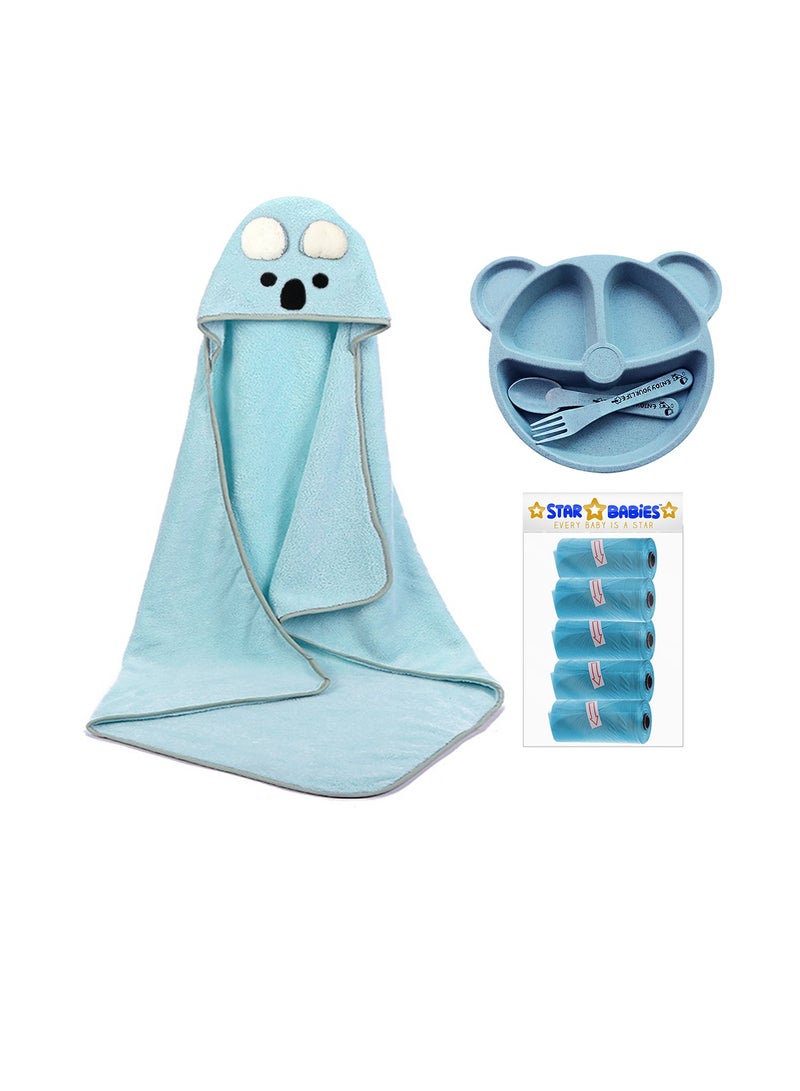 STAR BABiES Star Babies Combo Pack (Microfiber hooded Towel, Scented Bag Pack of 5, Organic baby plate) - Blue - Image 1
