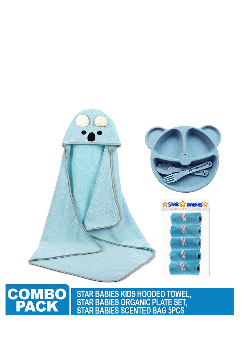 STAR BABiES Star Babies Combo Pack (Microfiber hooded Towel, Scented Bag Pack of 5, Organic baby plate) - Blue - Image 2