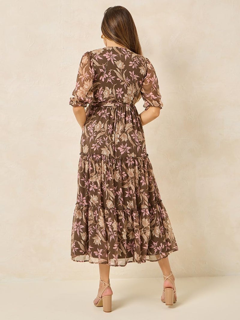Styli Women's Brown Wrap Maxi Dress with Frill Detail (Brown,M) - Image 4