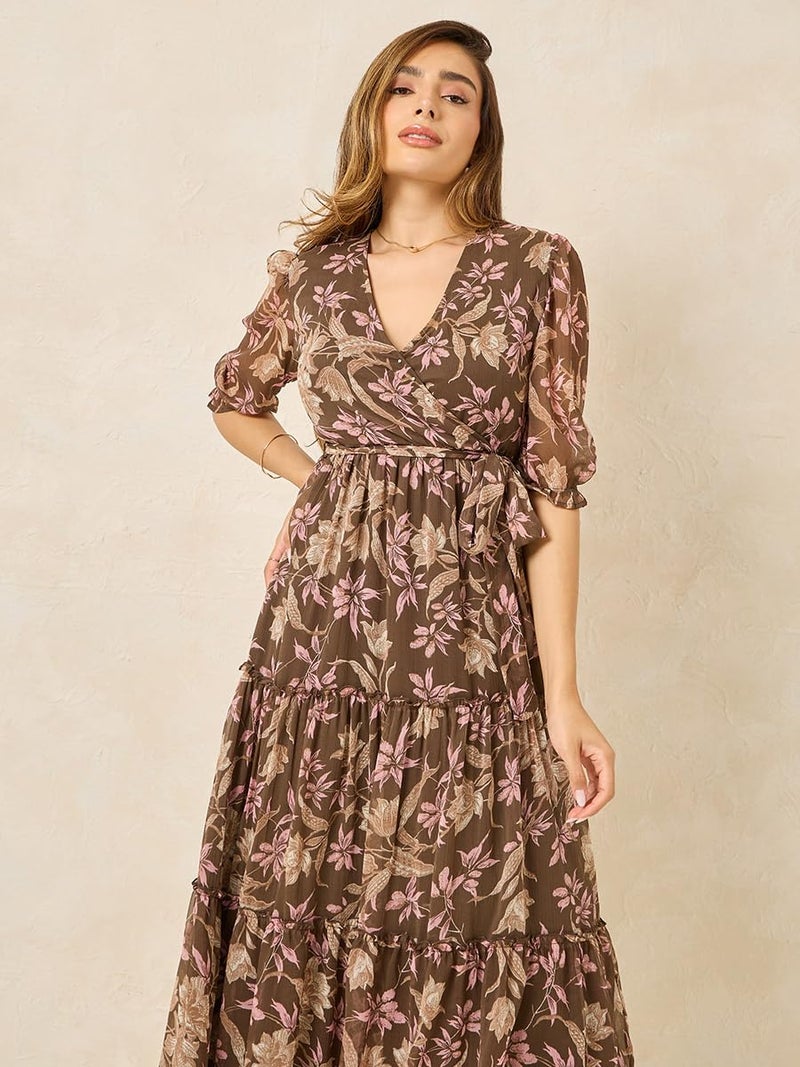 Styli Women's Brown Wrap Maxi Dress with Frill Detail (Brown,M) - Image 2