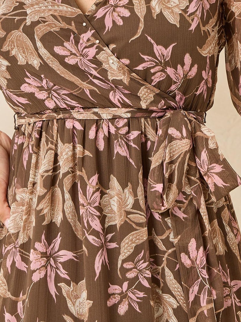 Styli Women's Brown Wrap Maxi Dress with Frill Detail (Brown,M) - Image 3