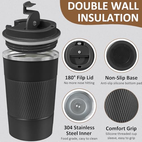 ATZNZIK 4 Pack Insulated Coffee Mug with Lid 17oz Travel Coffee Tumbler Stainless Steel Reusable Coffee Cups Thermal Coffee Mug for Hot and Iced Cold Drinks, Black - Image 3