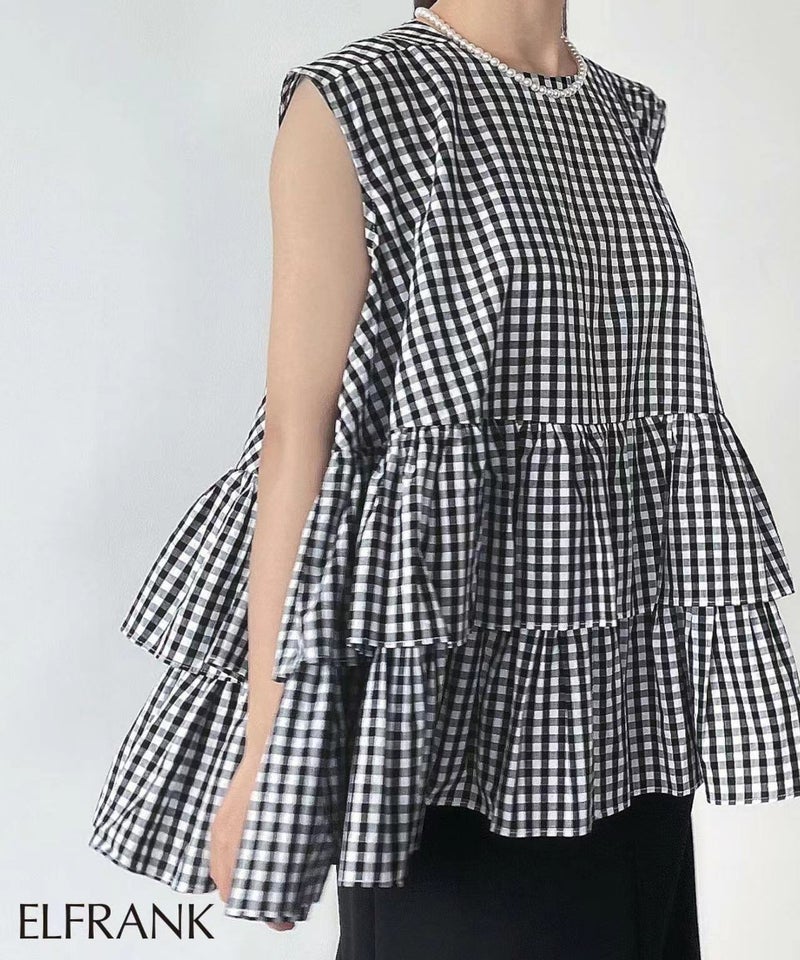 Sweet Japanese Doll Shirt Summer New Loose Round Neck Multi-color Black Check - Image 1