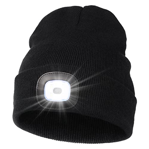 MELASA Unisex LED Beanie with The Light, USB Rechargeable Hands Free Headlamp Hat, Knitted Night Light Beanie Cap Flashlight Hat, Men Gifts for Dad Father Husband (Black) - Image 1