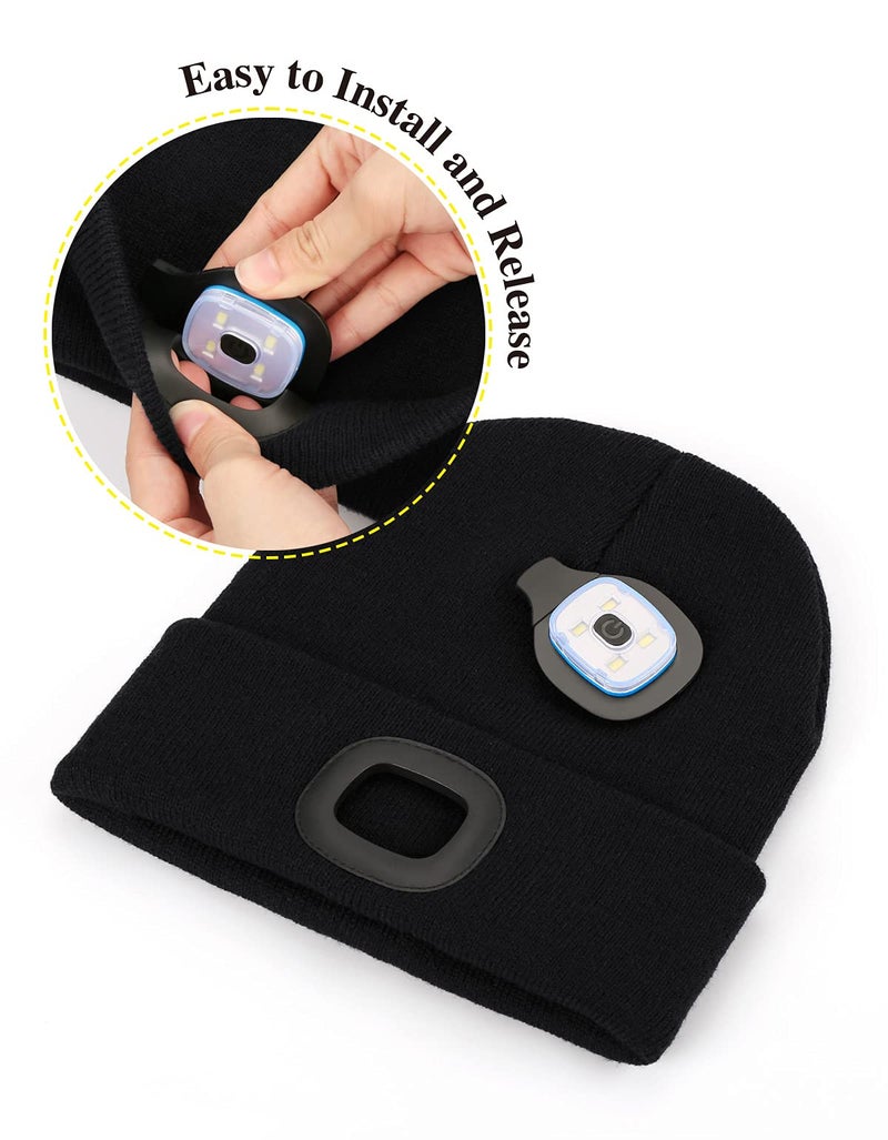 MELASA Unisex LED Beanie with The Light, USB Rechargeable Hands Free Headlamp Hat, Knitted Night Light Beanie Cap Flashlight Hat, Men Gifts for Dad Father Husband (Black) - Image 4