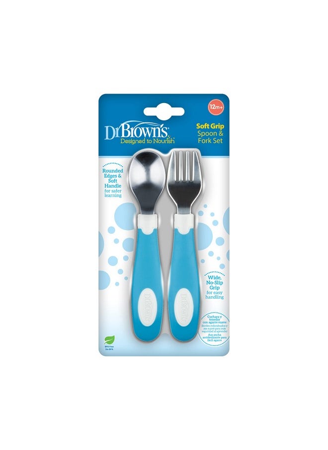 Dr. Brown's - طقم ملاعق وشوكة ناعمة الملمس من دكتور براونز، أزرق وأبيض - Image 1
