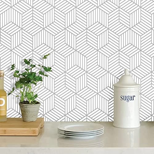 MelunMer White and Silver Peel and Stick Wallpaper Modern 197In L 17.7InW Self Adhesive Removable Wallpaper White Contact Paper for Cabinets Stripe Geometric Contact Paper Hexagon Shelf Liner Vinyl - Image 1