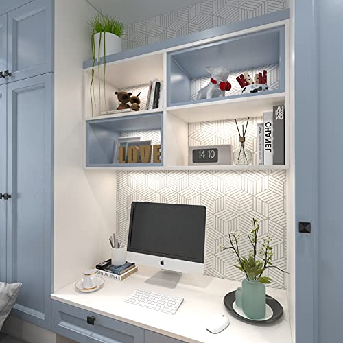 MelunMer White and Silver Peel and Stick Wallpaper Modern 197In L 17.7InW Self Adhesive Removable Wallpaper White Contact Paper for Cabinets Stripe Geometric Contact Paper Hexagon Shelf Liner Vinyl - Image 3