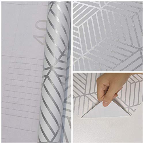 MelunMer White and Silver Peel and Stick Wallpaper Modern 197In L 17.7InW Self Adhesive Removable Wallpaper White Contact Paper for Cabinets Stripe Geometric Contact Paper Hexagon Shelf Liner Vinyl - Image 4