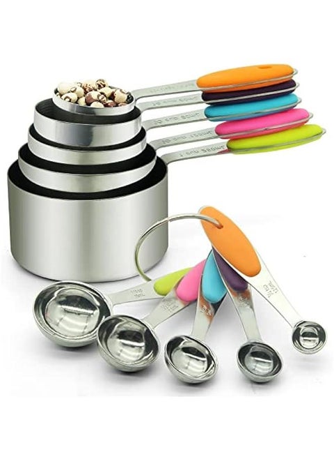 10 Piece Measuring Cups and Measuring Spoons Set with Detachable Ring – Stainless Steel Stackable 5 Cups 5 Spoons with Silicone Grip Handle to Measure Dry Liquid Food for Cooking or Baking