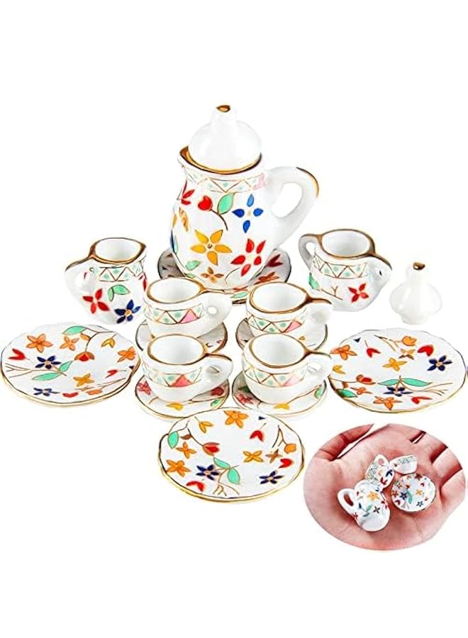 KASTWAVE Miniature Porcelain Tea Cup Set Dollhouse Kitchen Accessories Set Small Party Accessories Teapot For Kids Flower Pattern Teapot Cup Plates 15 Pieces