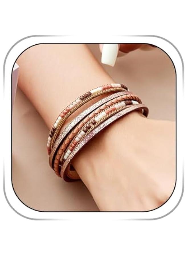 Arabest Boho Leather Bracelet Wrap Layered Bracelets Buckle Clasp Stackable Bracelet Beads Jewelry for Women and Lady  - Image 1