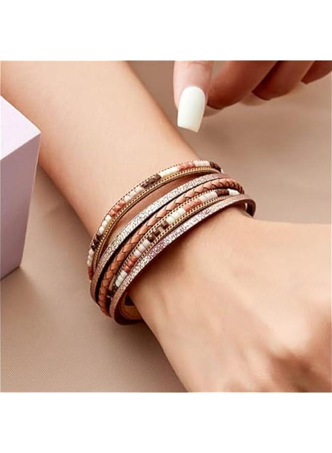 Arabest Boho Leather Bracelet Wrap Layered Bracelets Buckle Clasp Stackable Bracelet Beads Jewelry for Women and Lady  - Image 3