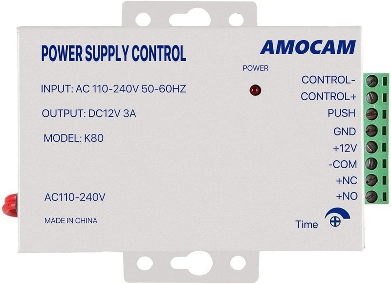 AMOCAM K80 Power Supply Control, AC 110-240V to DC 12V Power Supply for Door Access Control System, Video Doorbell, Electric Strike Lock, Bolt Lock, Magnetic Lock, Power Supply Controller - Image 1