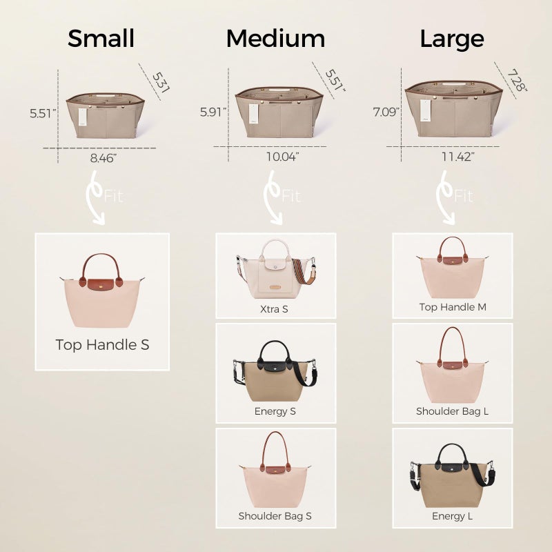 ZTUJO Purse Organizer Insert For Le Pliage, Compatible with Longchamp Le Pliage Shoulder Bag S/L, Top Handle S/Mï¼ŒEnergy S/L, Xtra S, Longchamp Organizer Insert (Beige, Small) - Image 2